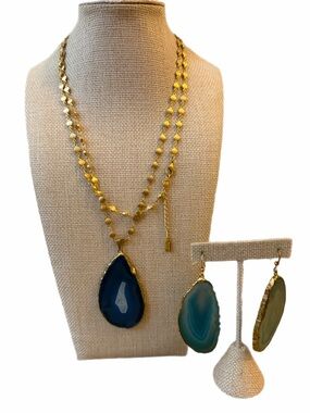 Alexandra Beth Gold-Trim Blue Agate Necklace and Earrings Set